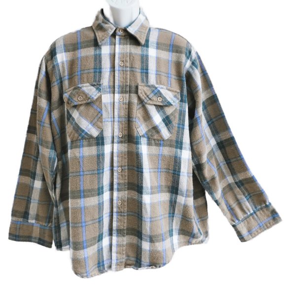 Vintage Flannel Shirt Ramsey Outdoor USA Neutrals Thick Plaid Chest Flap Pockets Men